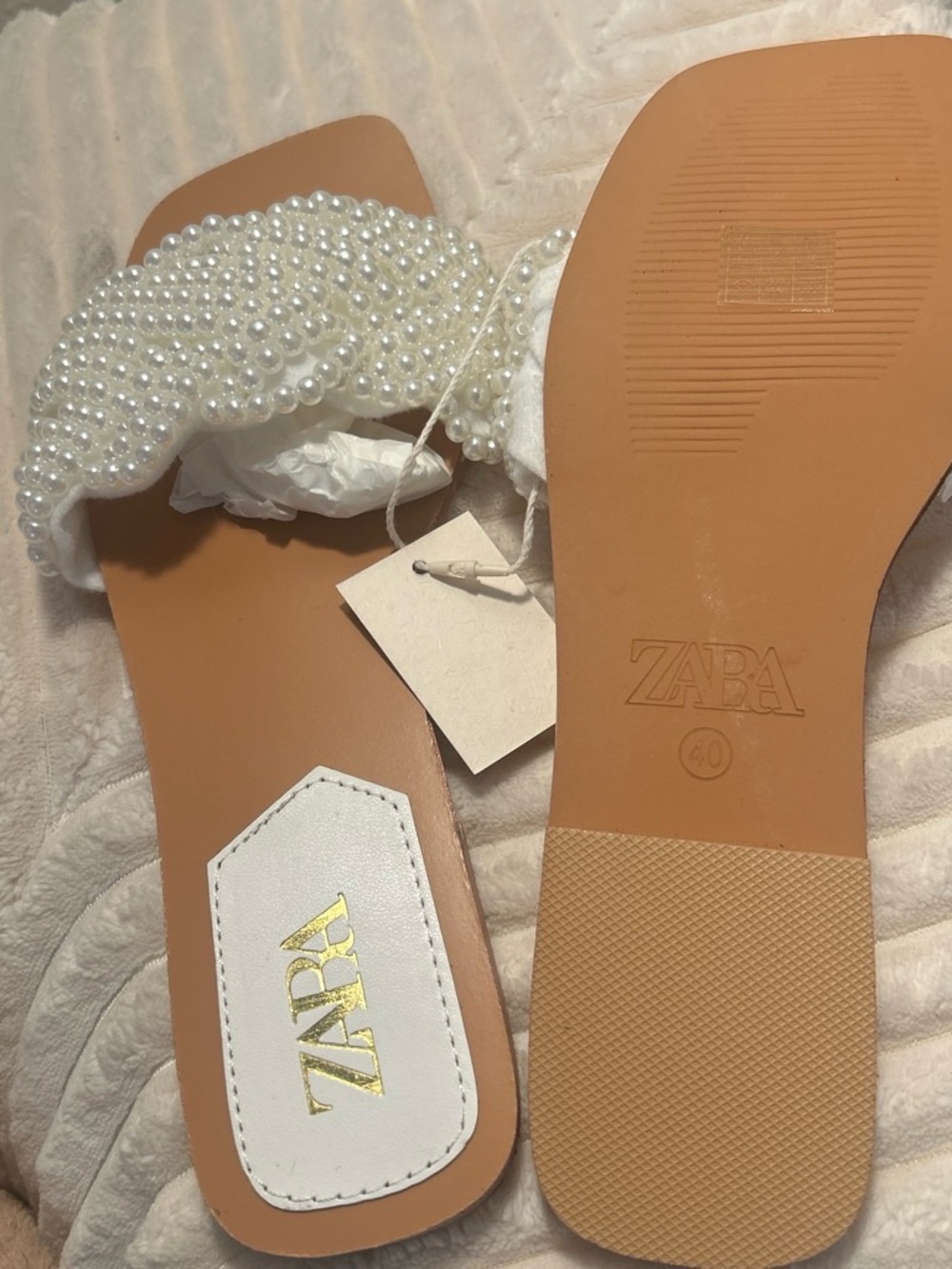 ZARA White Pearl-Embellished Slide Sandals